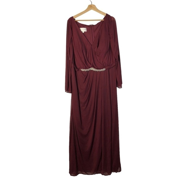 Azazie Red Surplice Neckline Embellished Belt Long Sleeve Maxi Formal Gown 22 - Picture 1 of 4